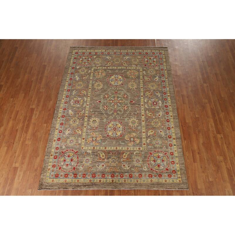 Hand Knotted Oriental 100% Wool Carpet Transitional All-Over Brown Oushak Area Rug - 9' 1'' X 6' 6''