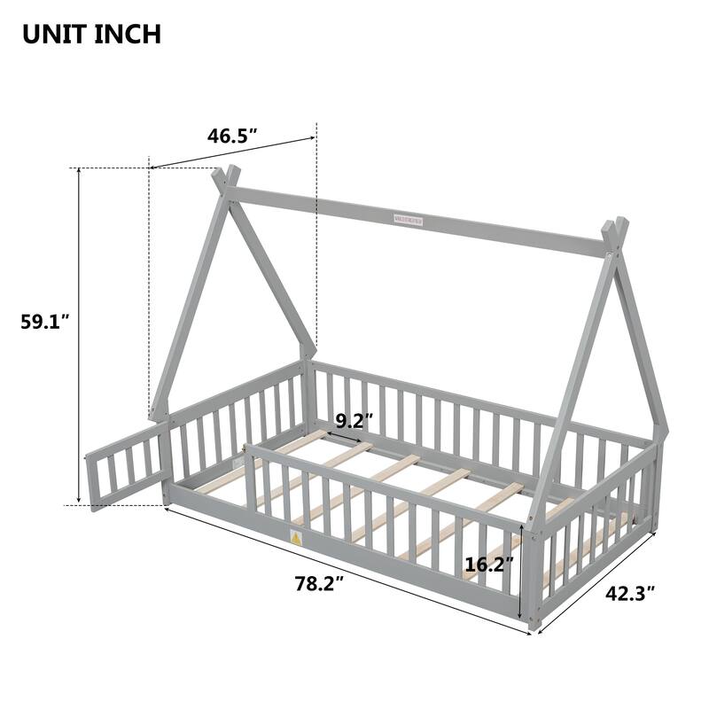 Grey Twin Size Pine Wood Tent-shaped Floor Bed, with Guardrails, Slats and Door for Kids, Boys and Girls