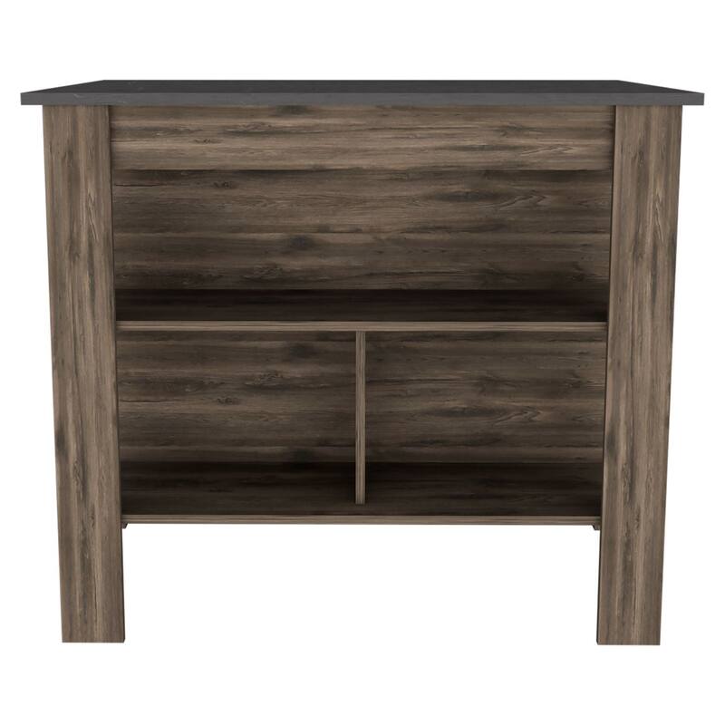 Kitchen Table Island, 35" High, 3 Open Storage Shelves, Black/Light Oak with Spacious Prep Area