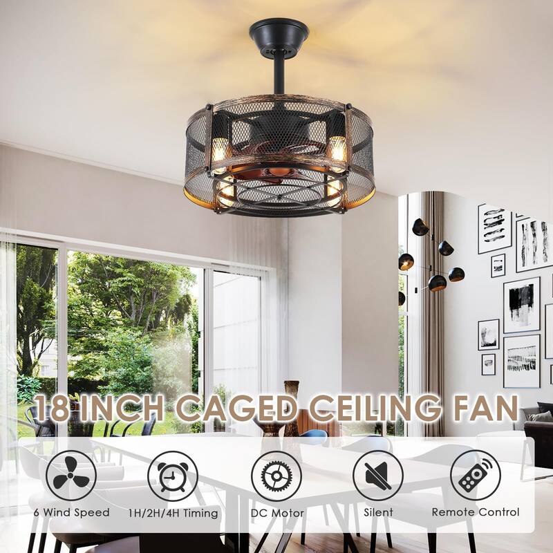 18'' Indoor Black Caged Ceiling Fans with Lights, Flush Mount Ceiling Fan Lights, Industrial Ceiling Fan Light Fixtures
