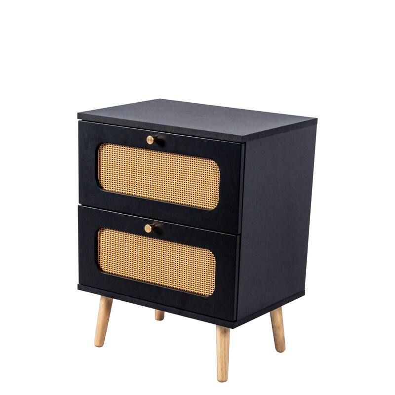 Wooden Nightstand with Rattan-Woven Storage Cabinet and 2 Drawer, Exquisite Elegance with Natural Storage Solutions for Bedroom