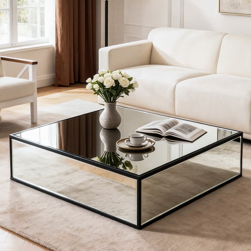 Modern Rectangular Mirrored Coffee Table - Mirror/Wood - Silver