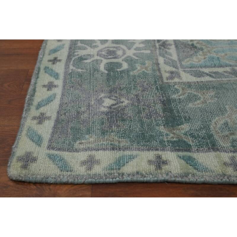 Hand-knotted Transitional Silk Carpet Blue Oushak Rug Floral Oriental Area Rug - 8' 0'' X 5' 0''