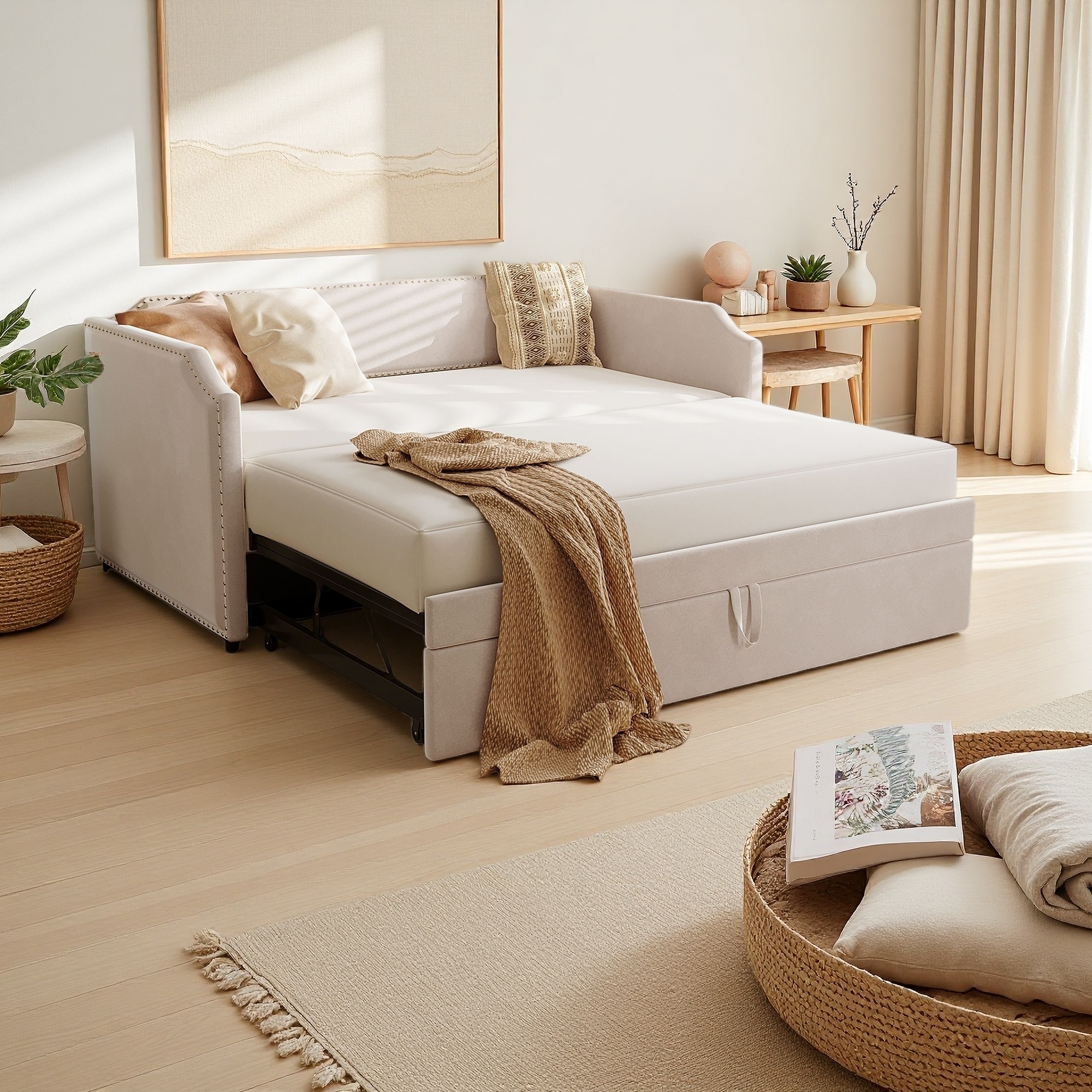 Twin Size Velvet Upholstered 2-in-1 Daybed with Pop-Up Trundle, Soft Sofa Bed for Guest Room & Kids Room, Space-Saving Design