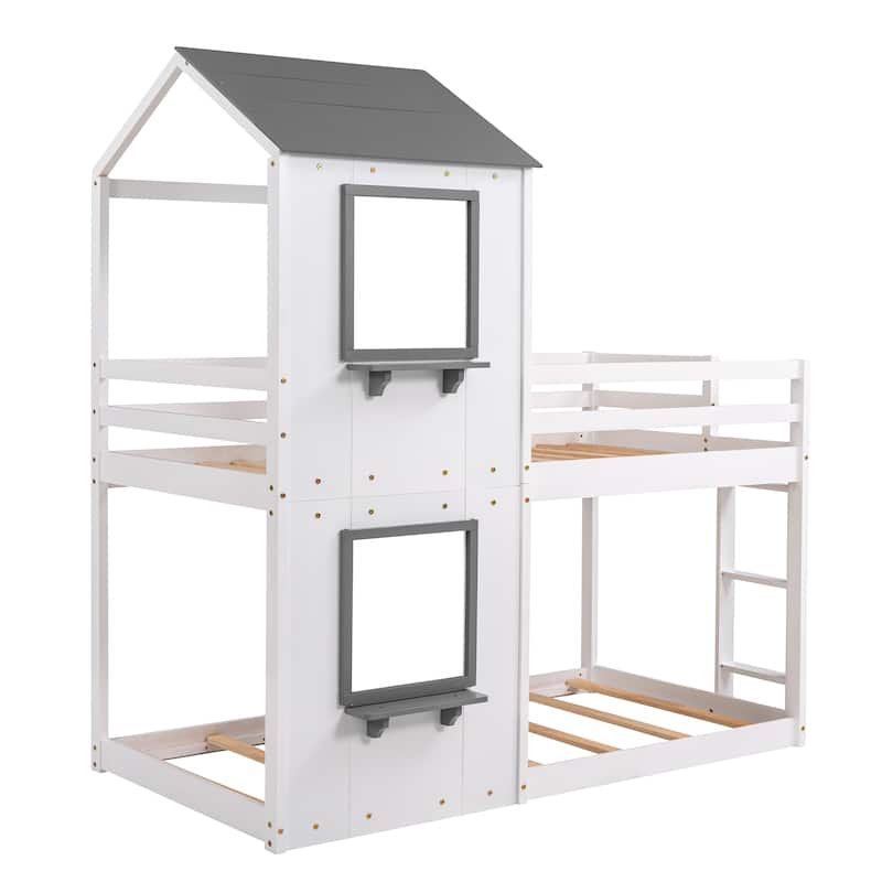 White Twin Over Twin Playhouse Bunk Bed with Roof, Window, Ladder & Guardrail - Space Saving Kids Bed
