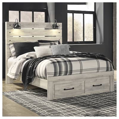 Cambeck Whitewashed Panel Bed w/ 2 Footboard Storage Drawers
