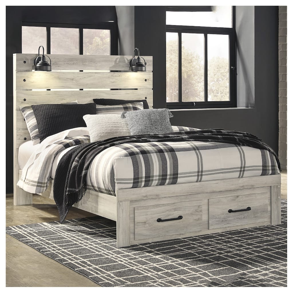 Cambeck Whitewashed Panel Bed w/ 2 Footboard Storage Drawers