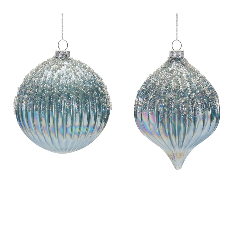 Set of 6 Beaded Iridescent Glass Christmas Ball & Onion Ornaments 5.5"