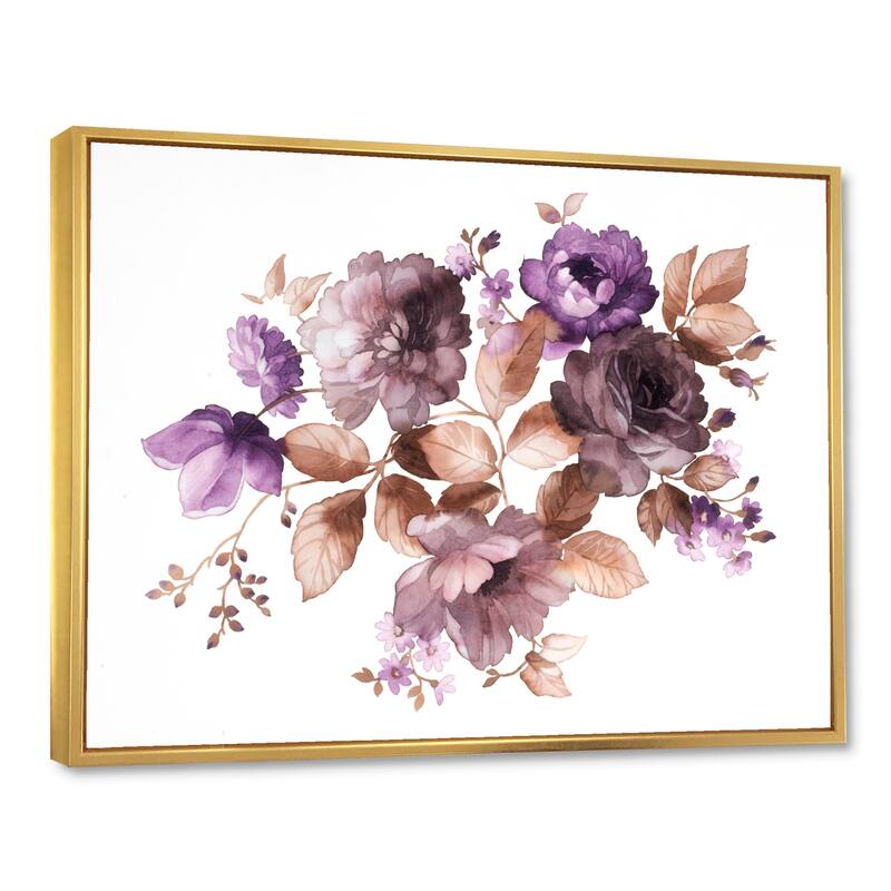 Designart "Purple Retro Flowers With Brown Leaves" Traditional Framed Canvas Wall Art Print - 20 In. Wide x 12 In. High - Gold