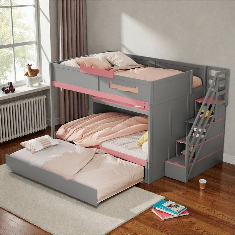 Full Over Full Bunk Bed with Twin Trundle, Staircase Storage Drawers, Shelves and LED Lighting, Kids Bunk Bed