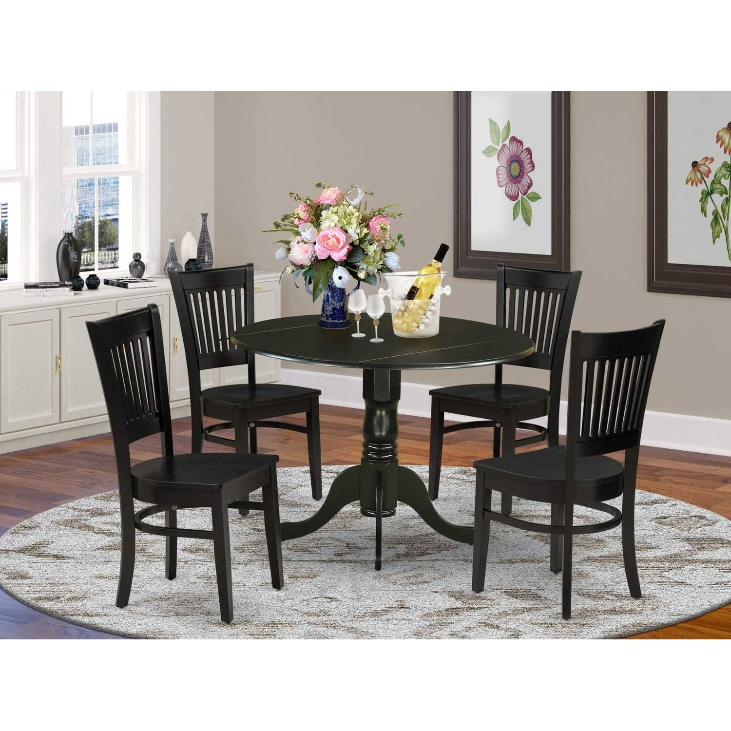 HomeStock 5-Piece Black Finish Solid Wood Top Dining table with 4 Chairs with Drop Leaf Slat Back