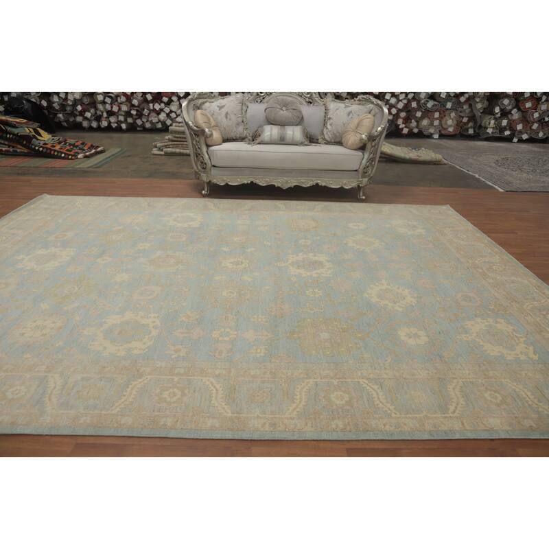 Floral Blue Oushak Vegetable Dye Large Rug, Floral Geometric Carpet - 13' 10'' X 10' 1''