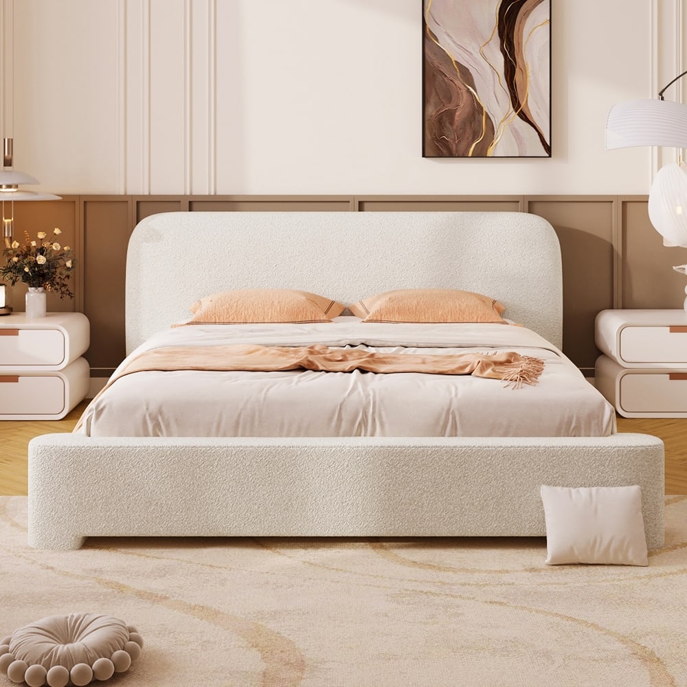 Christopher Knight Home - Cozy White Bouclé Upholstered Platform Bed with Plush Foam Padding, No Box Spring Needed
