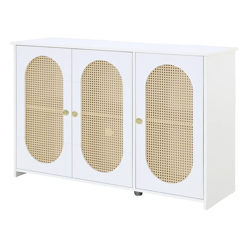 Retro 3-Door Sideboard with PVC Rattan Doors and Metal Handles, Buffet Cabinet Accent Storage Cabinet with Storage Shelves