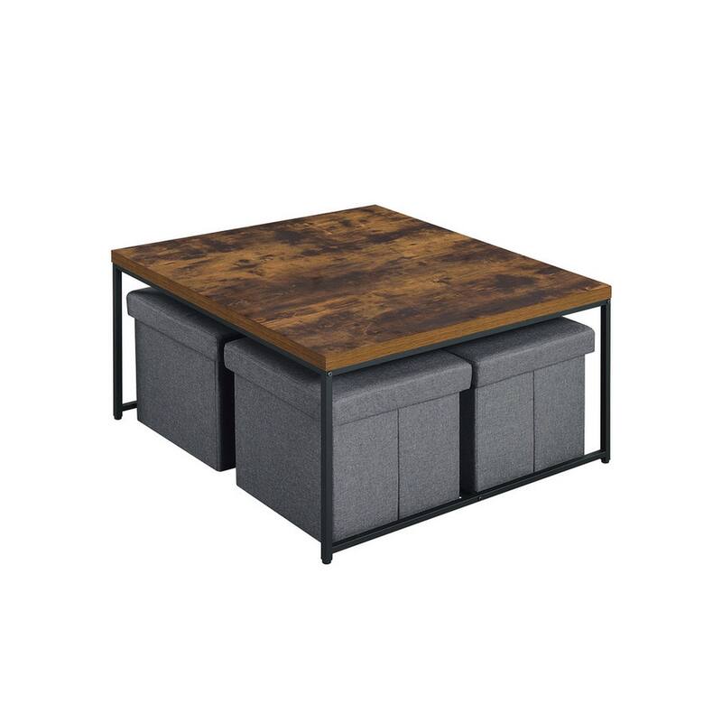 All 5 Piece Coffee Table Set, Oak Brown Top with 4 Nesting Storage Bins