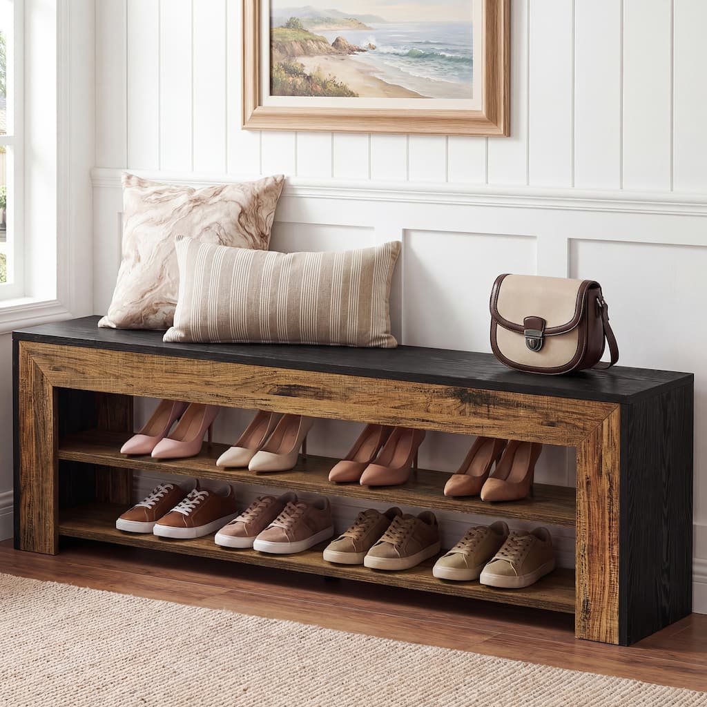 63" Entryway Bench with Shoe Storage, Wooden 3-tier Shoe Rack Bench