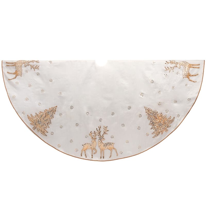 Kurt Adler 72-Inch White Tree Skirt with Gold Glitter Tree and Reindeer Design - Multi