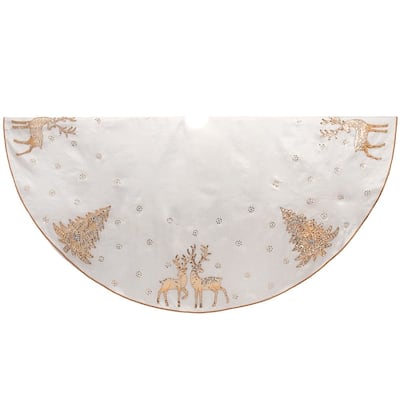 Kurt Adler 72-Inch White Tree Skirt with Gold Glitter Tree and Reindeer Design - Multi