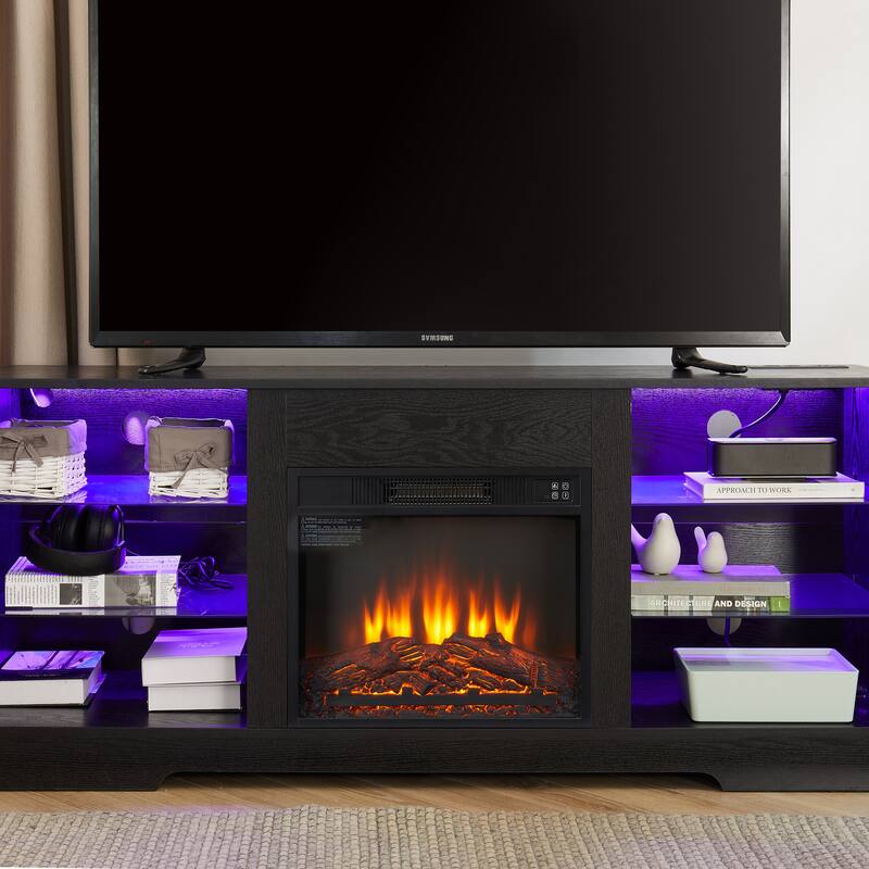 TV Stand Electric Fireplace Glass Shelves, 3D Fireplace TV Stand with LED Lights Wood with USB Charging Outlet