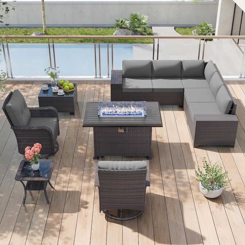 10-Piece Modular Outdoor Sectional Set with Fire Pit & Swivel Rockers - 10 pcs - Grey