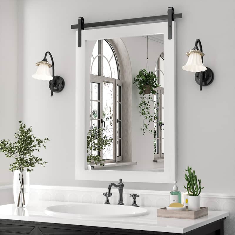 Modern Wall Mirrors, Rectangular Mirror with Wood Framed, Bathroom Mirror Barn Mirror Barn Door Mirror with Multi Size - 22W * 30H Inches - White
