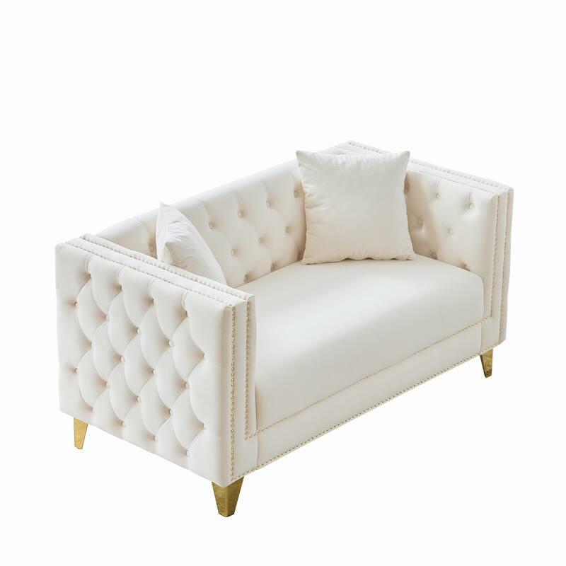 Roomfitters 58" Modern Tuxedo Loveseat with Buttoned Back and Gold Legs, Upholstered Couch with Double Nailhead Trim