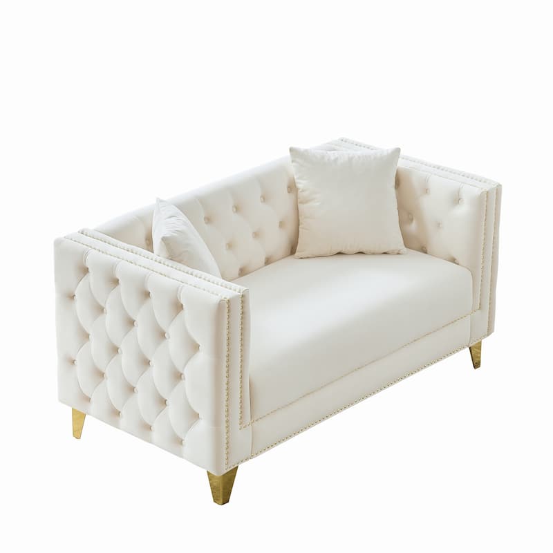 Velvet Upholstered Loveseat, Button Tufted 2 Seater Deep Seat Couche, Lounge Sofa with Nailhead Trims & Square Arms