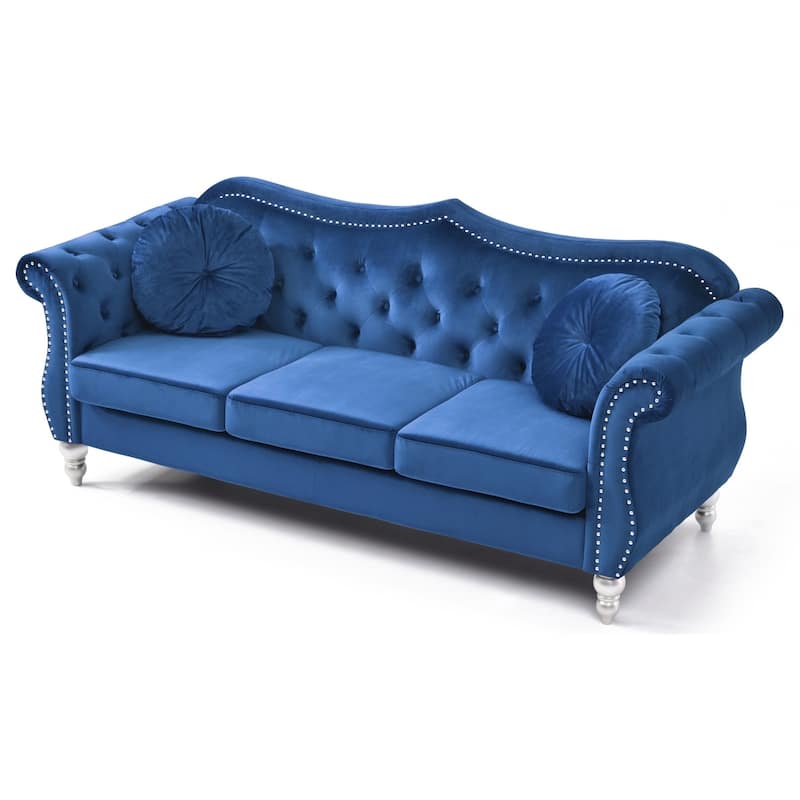 Velvet Tufted Chesterfield 3-Seater Sofa with Throw Pillows - 82" - Blue
