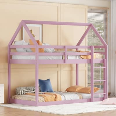 Twin over Twin Rubber Wood Floor Bunk Bed with ladder and Guardrails