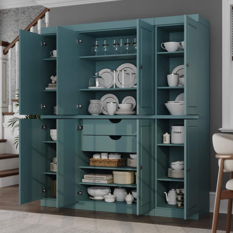 Palace Imports 100% Solid Wood Kitchen China Cabinet Pantry with Glass or Solid Wood Doors and 2-Drawer Kit - 65" x 71.5" - Aqua - Solid