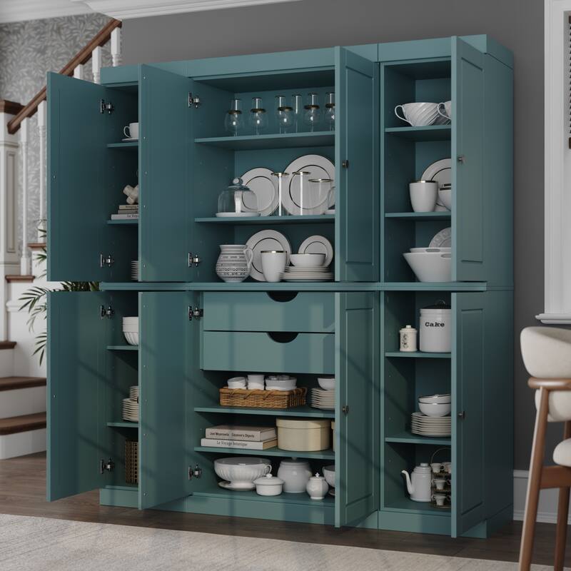 Palace Imports 100% Solid Wood Pantry Cabinet, Raised Panel Doors, 2 Drawers, Adjustable Shelves, 65" Wide, 71.5" Tall - Aqua