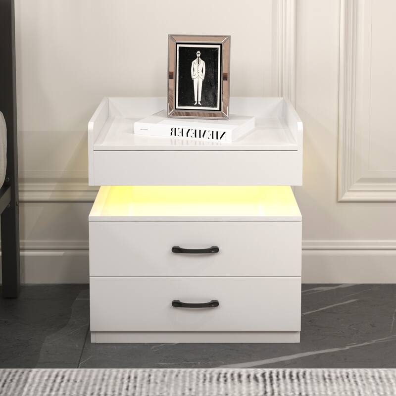 2-drawers Nightstand with Adjustable LED Strip Light for Large Space