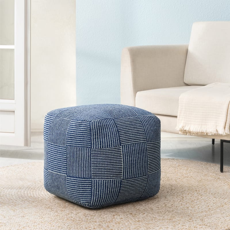 Jani 20-inch Ottoman Pouf - Handcrafted Handmade Ottoman for Seating, Footrest, Home Decor for Living Room, Bedroom - Ivory/Sailor Blue