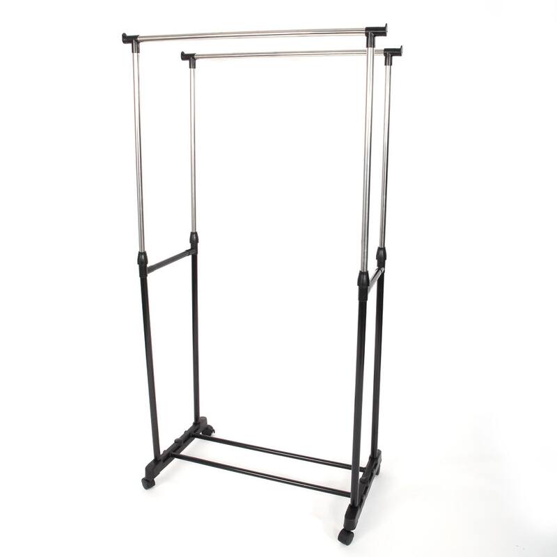 Single/Double-bar Vertical & Horizontal Stretching Stand Clothes Rack with Shoe Shelf Black & Silver