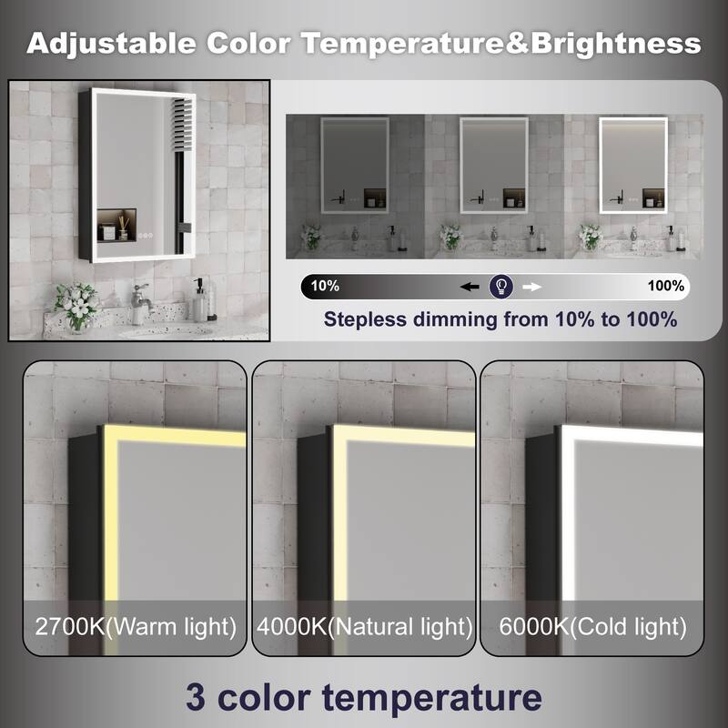 Kylo Aluminum LED Medicine Cabinet with Mirror, Dimmable, Anti-Fog, Recessed/Wall Mount