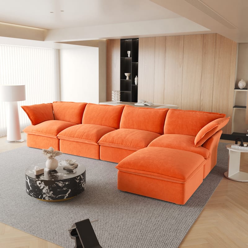 L-shaped 5-piece Wide Velvet Upholstery Sectional Sofa Couch with Storage Ottomans - Orange