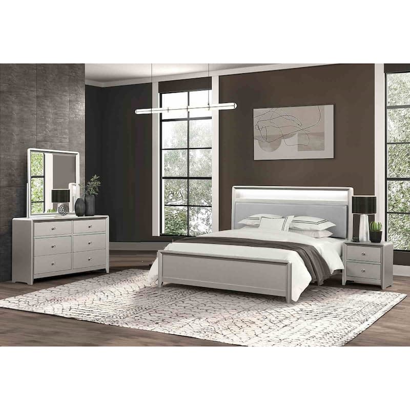 Contemporary Champagne Finish Bedroom Set LED Bookcase Bed Dresser Mirror USB Nightstand