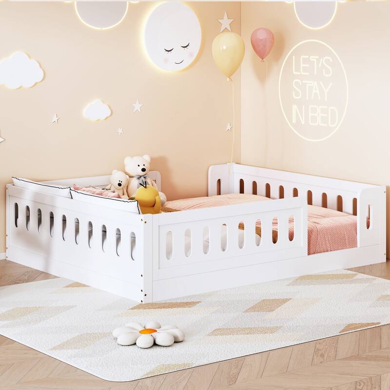 Kids Wood Floor Bed with Semi-Enclosed Guardrail and No-Slat Design