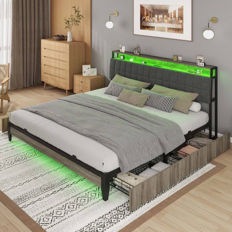 Moasis Rustic Grey Storage Platform Bed Frame with Storage Headboard with Power Outlets and 4 Drawers