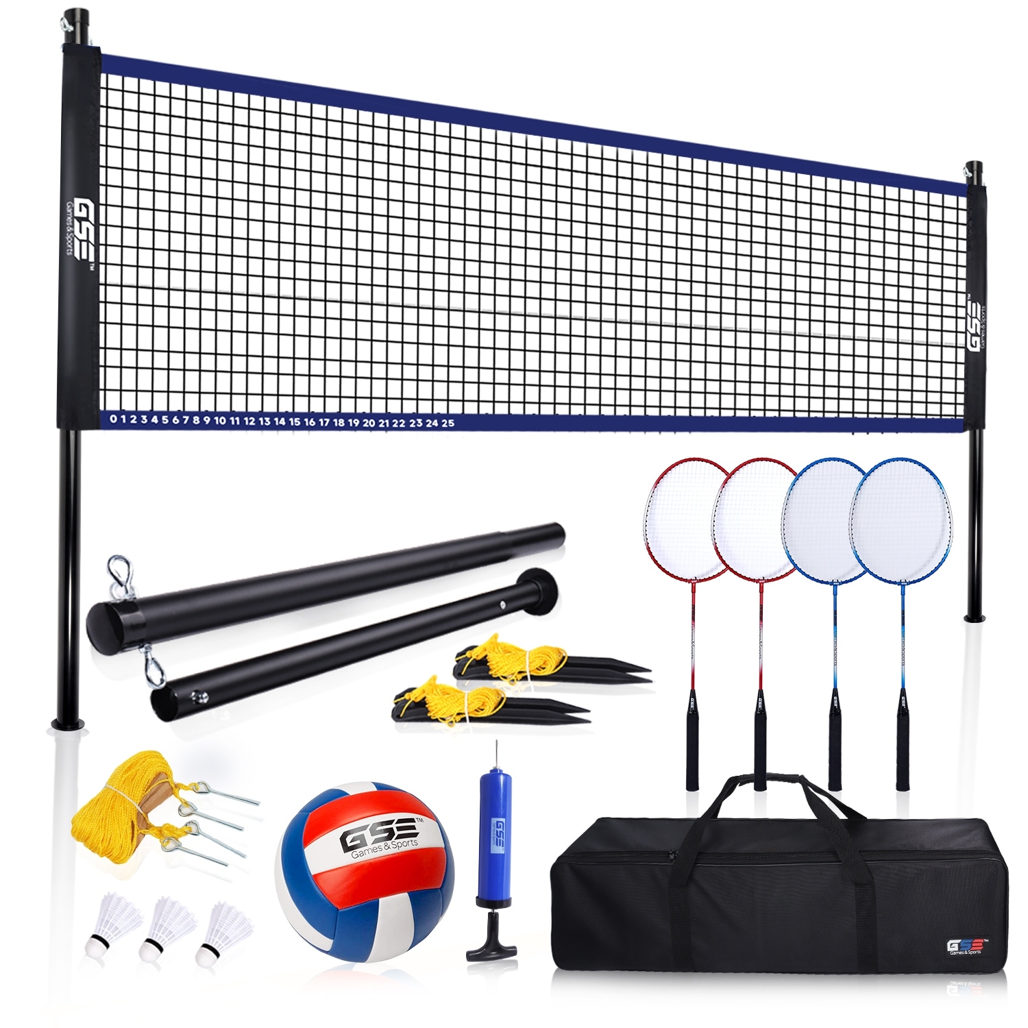 GSE Outdoor Portable Badminton/Volleyball Combo Set with Net, 4 Rackets & 3 Shuttlecocks, Volleyball Ball & Pump - Blue&Black