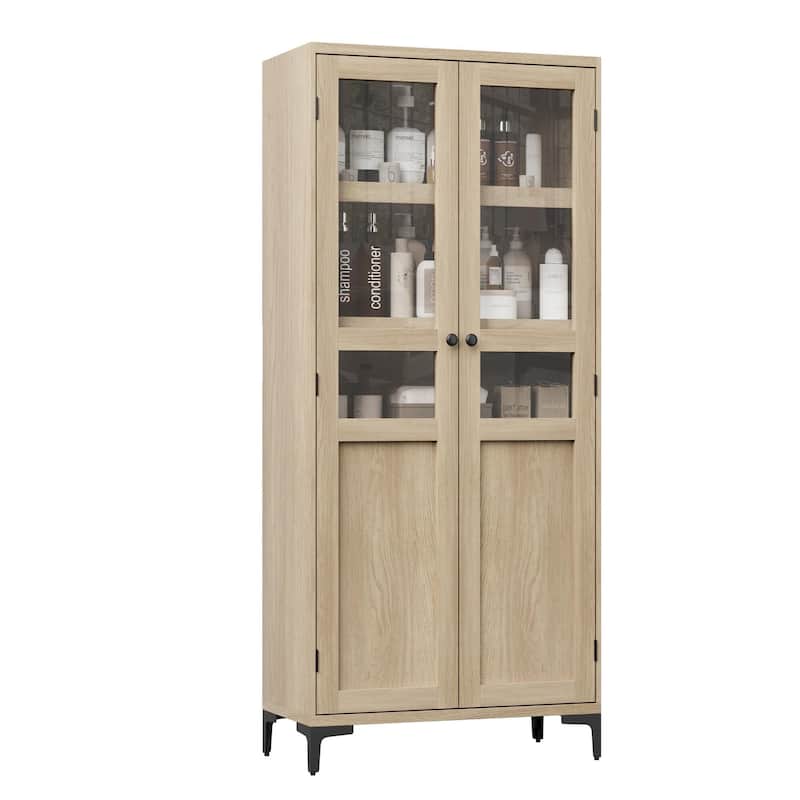 Tall Storage Cabinet,2 Glass Doors, Kitchen Pantry 5 Tier Bathroom Cabinet