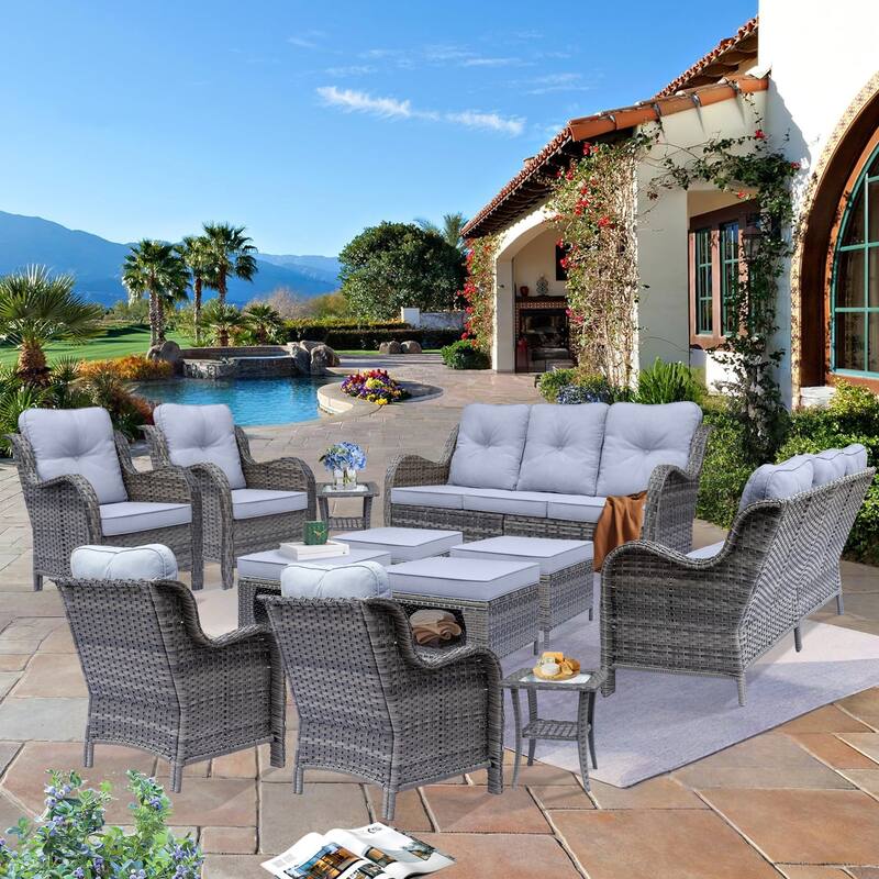 12 Piece Outdoor Wicker Patio Conversation Furniture Seating Sofa Sets - Grey-Grey Rattan