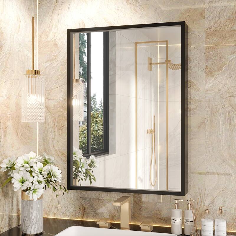 Tempered Glass and Metal Framed French Cleat Mounted Wall Bathroom / Vanity Mirror - 30" x 22" - Black