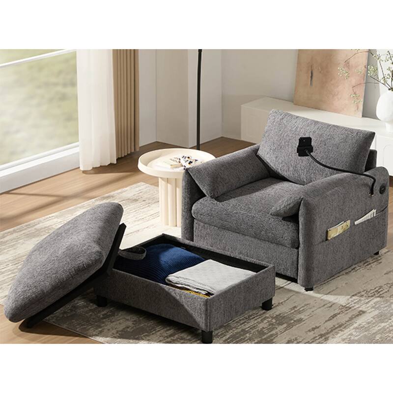 Roomfitters 37" Single Sofa with Storage Ottoman, Chenille Armchair with Phone Holder and Charging Ports, Lounge Chair
