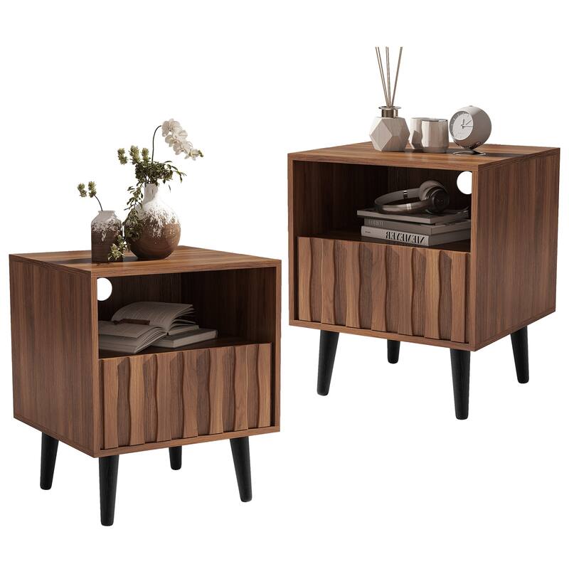 Mid-Century Modern Nightstand, Fluted End Table Drawer & Open Storage - One-Drawer/ Set of 2