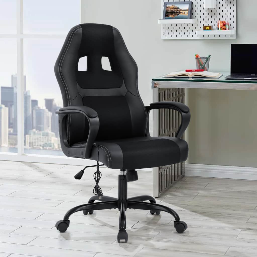 Zane Modern Black Adjustable Height Ergonomic Swivel Office Chair with Lumbar Vibration Massage