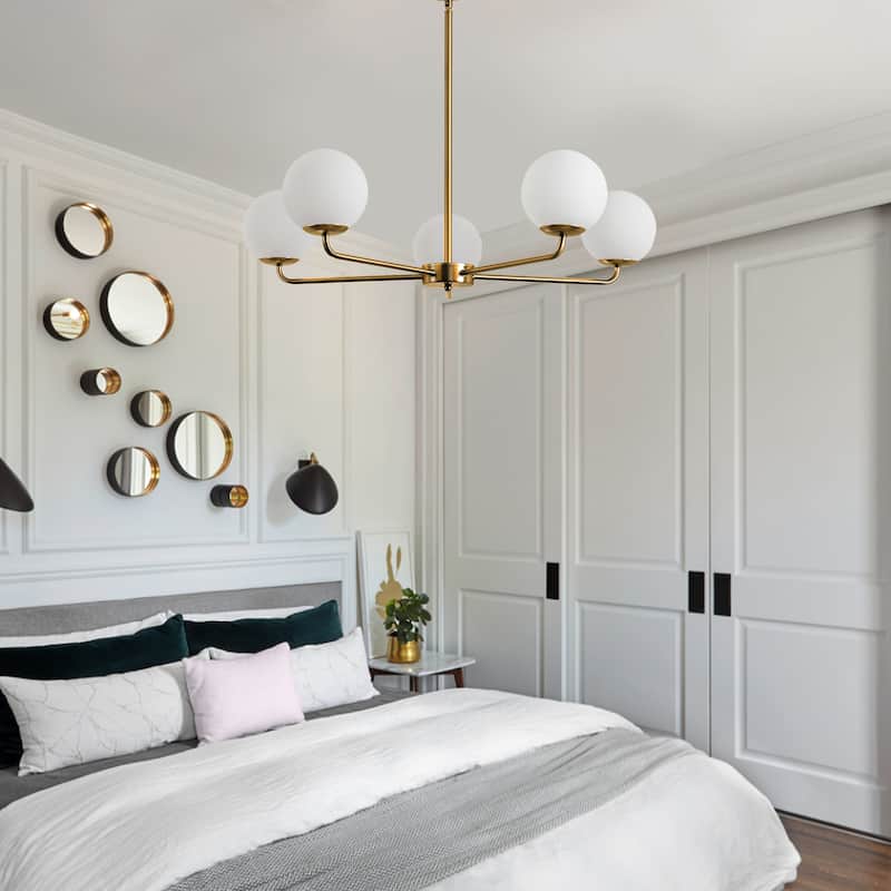 5-Lights Globe Mid Century Chandelier Modern Sputnik Pendant Light Fixture with Brushed Brass Finished