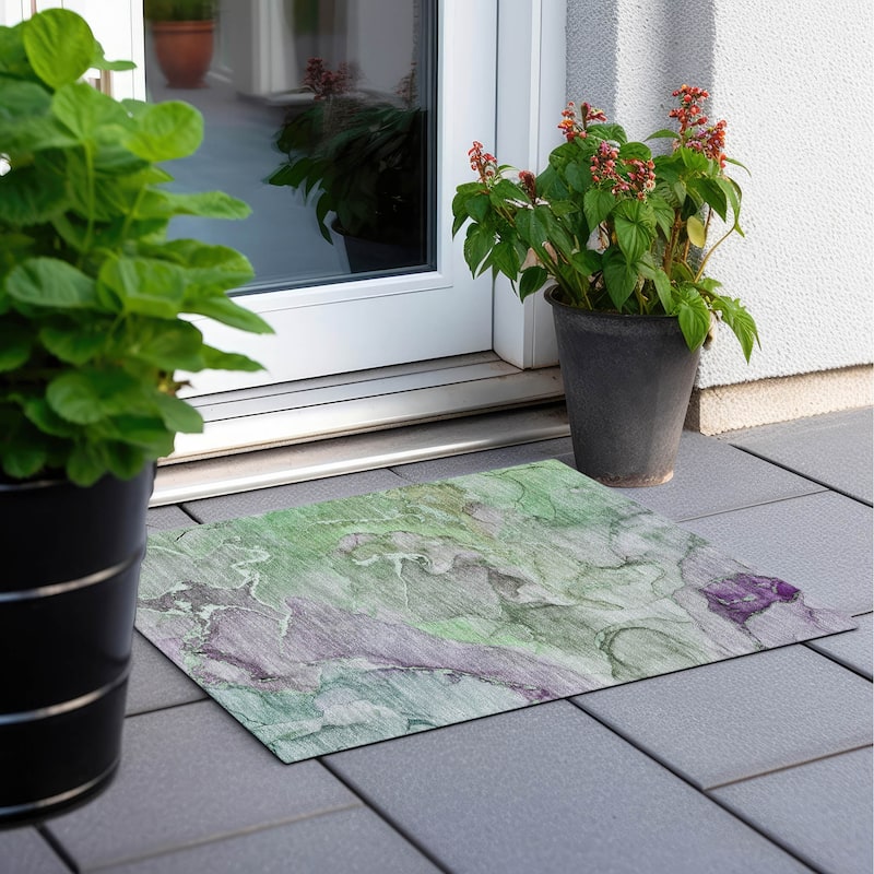 Machine Washable Indoor/ Outdoor Chantille Watercolor Rug - 1'8" x 2'6" - Green