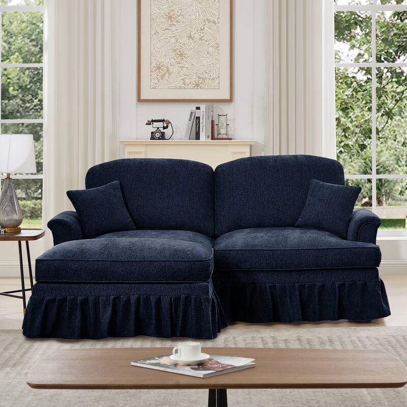 76.4" L Shaped 2-Seat Sectional Sofa, Chenille Couch with Ottoman, Flared Arms Loveseat with Removable Ruffles Pleats Skirts