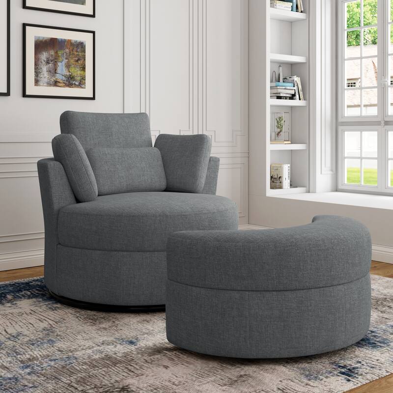 Chenille/Boucle Swivel Barrel Chair with Storage Ottoman